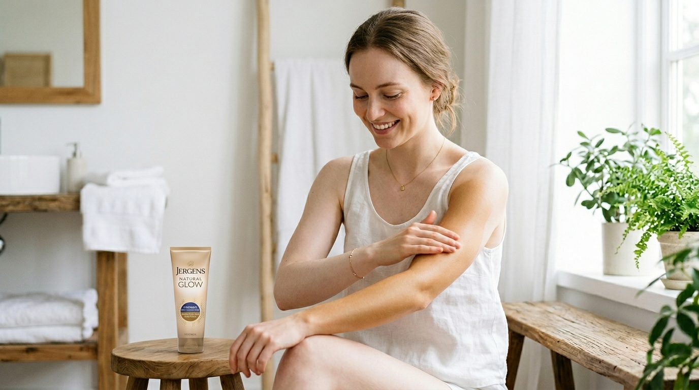 A woman with pale skin using a self-tanner at home
