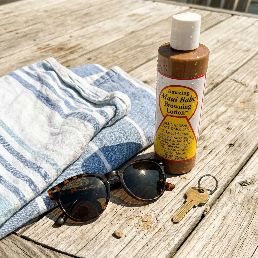 The Maui Babe Browning Lotion Review place in a pool with a towel, sunglasses and a key