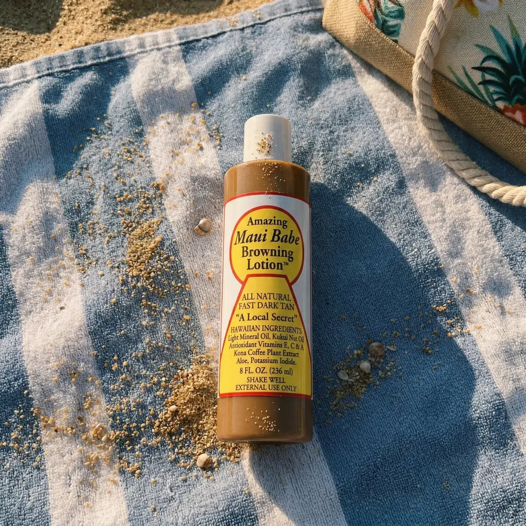 The Maui Babe Browning Lotion bottle on a towel in the beach