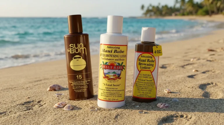 Three Hawaiian browning lotions side by side in a beach: Maui Babe Coconut Oil, Maui Babe After Lotion, and Sun Bum SPF 15