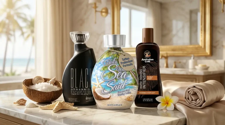 comparative 3-top best tanning bed lotion in a bathroom