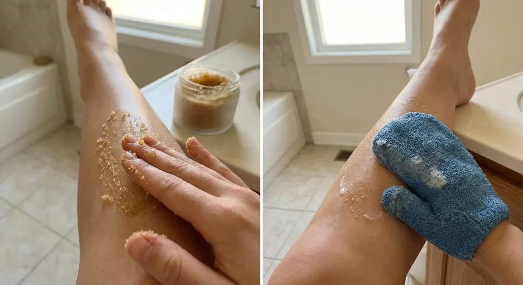 how to use scrub and exfoliating mitt before self tan routine