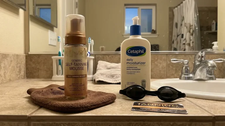 A self-tanner products in a bathroom preparing for a self-tanner routine