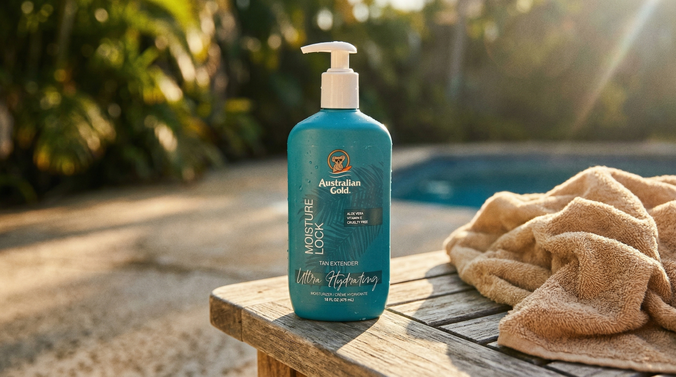 Australian Gold Moisture Lock tan extender bottle outdoors in natural sunlight