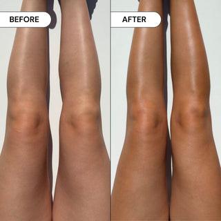 Comparison before and after using a tanning lotion on legs