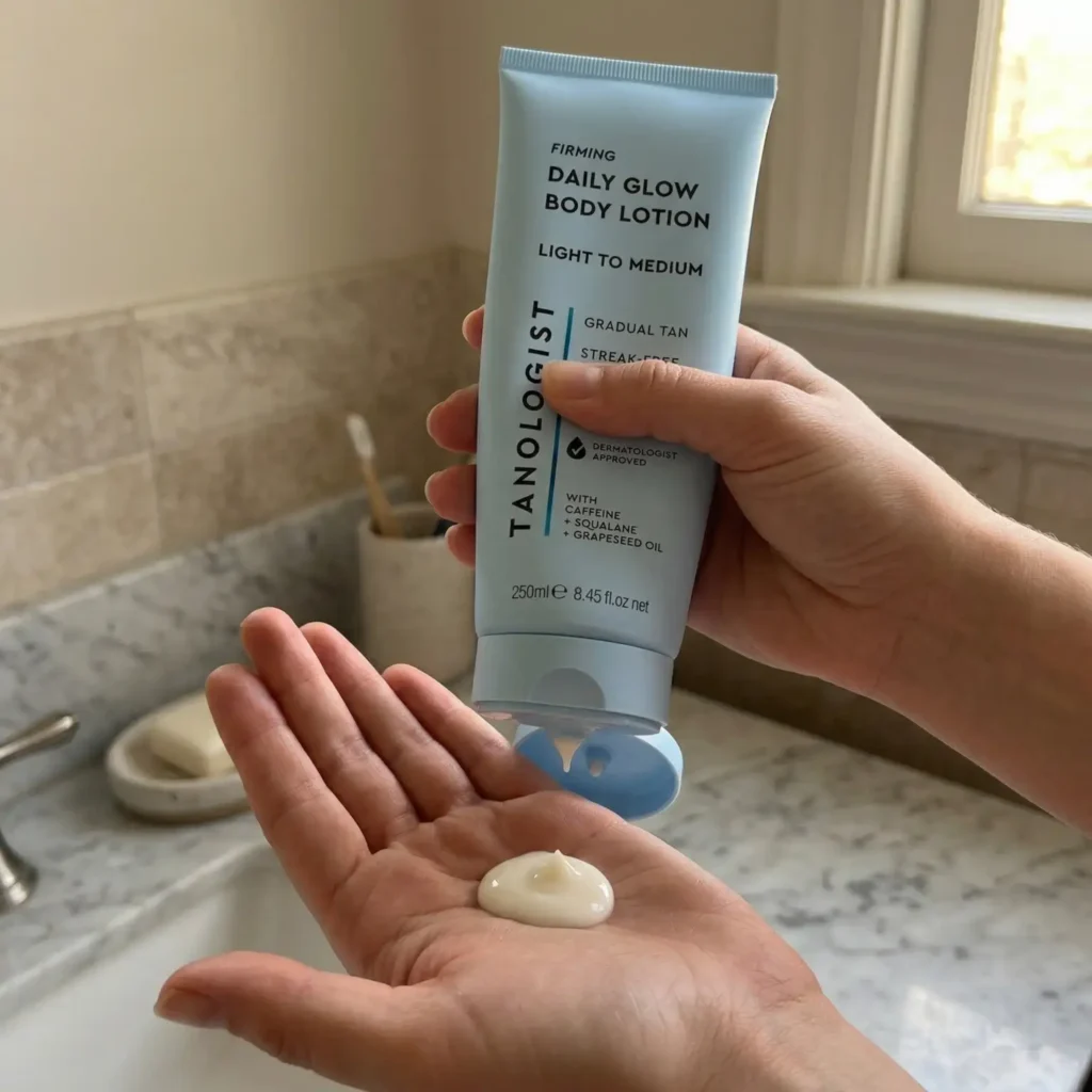 Hand squeezing gradual tanning lotion onto palm, bathroom background, natural light