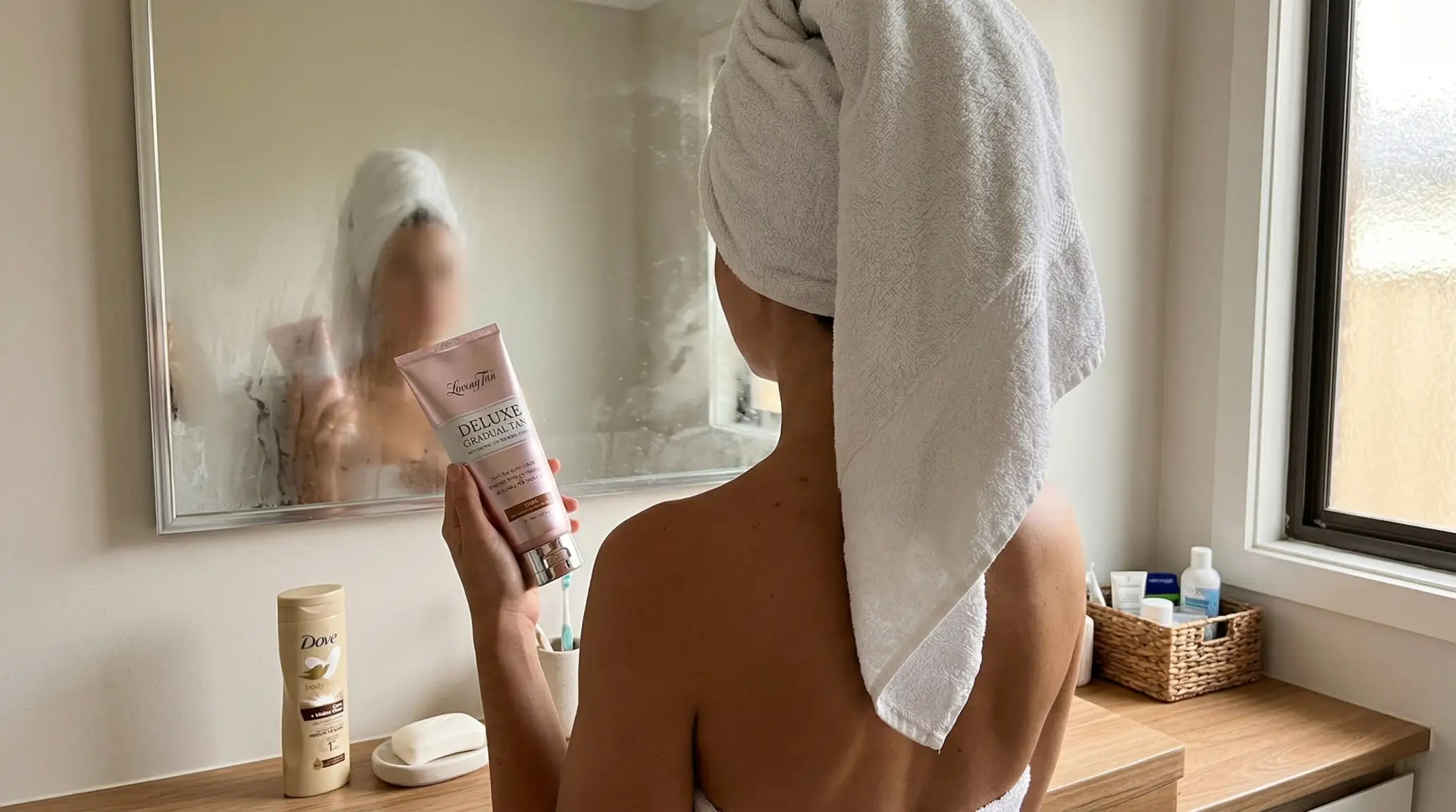 Woman holding gradual tanning lotion bottle after shower, bathroom mirror reflection, UGC style