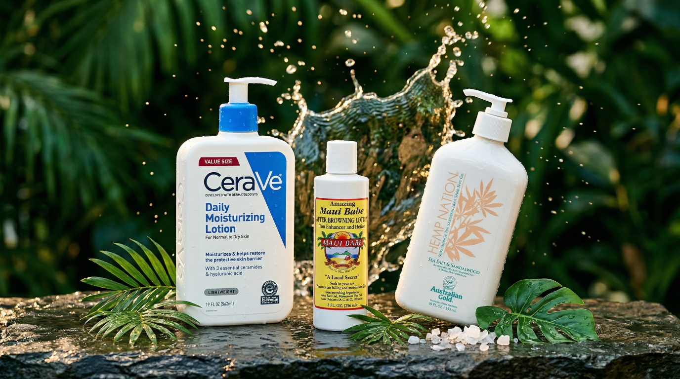 Best lotion after tanning bed bottles with water splash on tropical surface