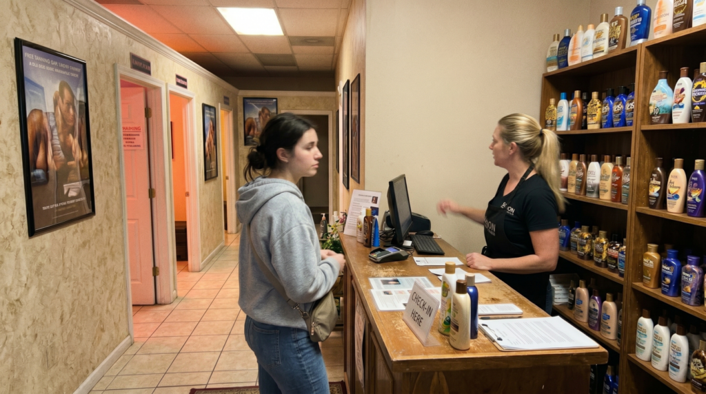 bronzing bed vs regular tanning bed choice at salon front desk