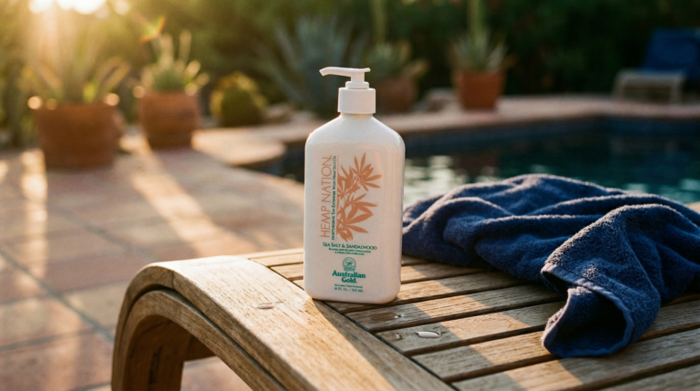 Hemp Nation tan extender bottle on wooden sun lounger in golden hour light