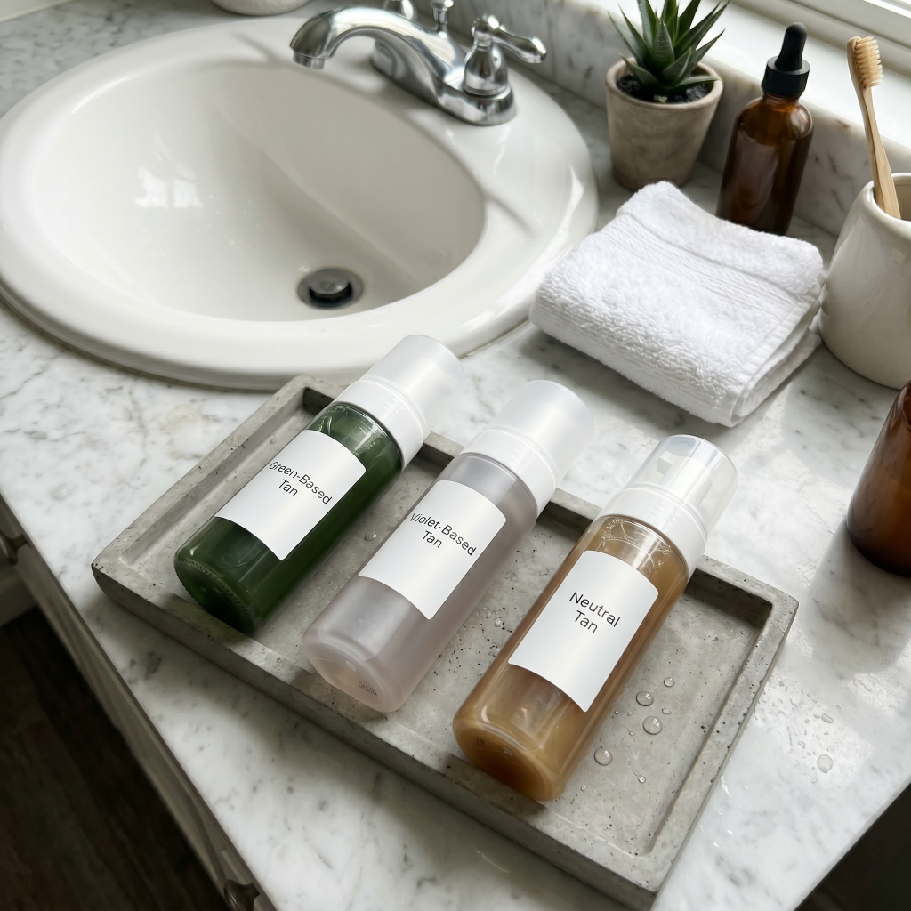 green violet brown self tanner undertone base comparison bathroom