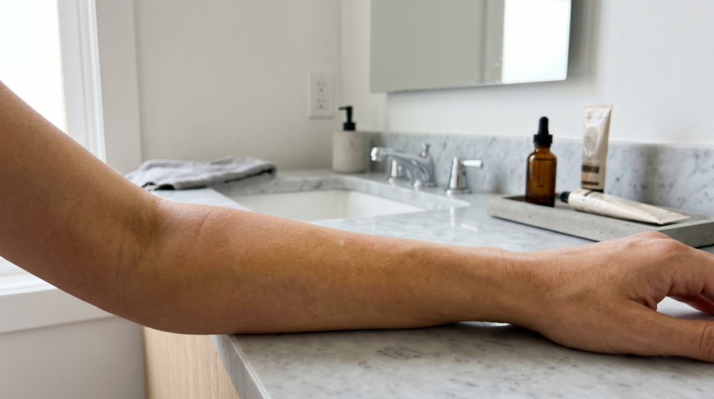 self tanner uneven tone undertone reaction close up arm bathroom
