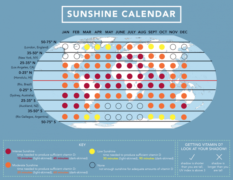 The sunshine calendar shows the latitude of sun rays accross the globe