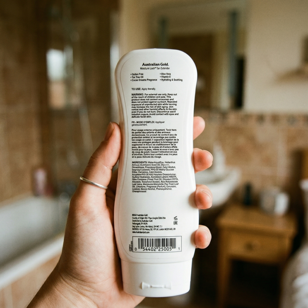 Reading ingredients label on tan extender lotion bottle