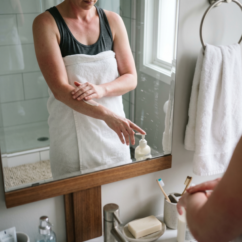 applying indoor tanning lotion on legs in bathroom before first tanning bed session