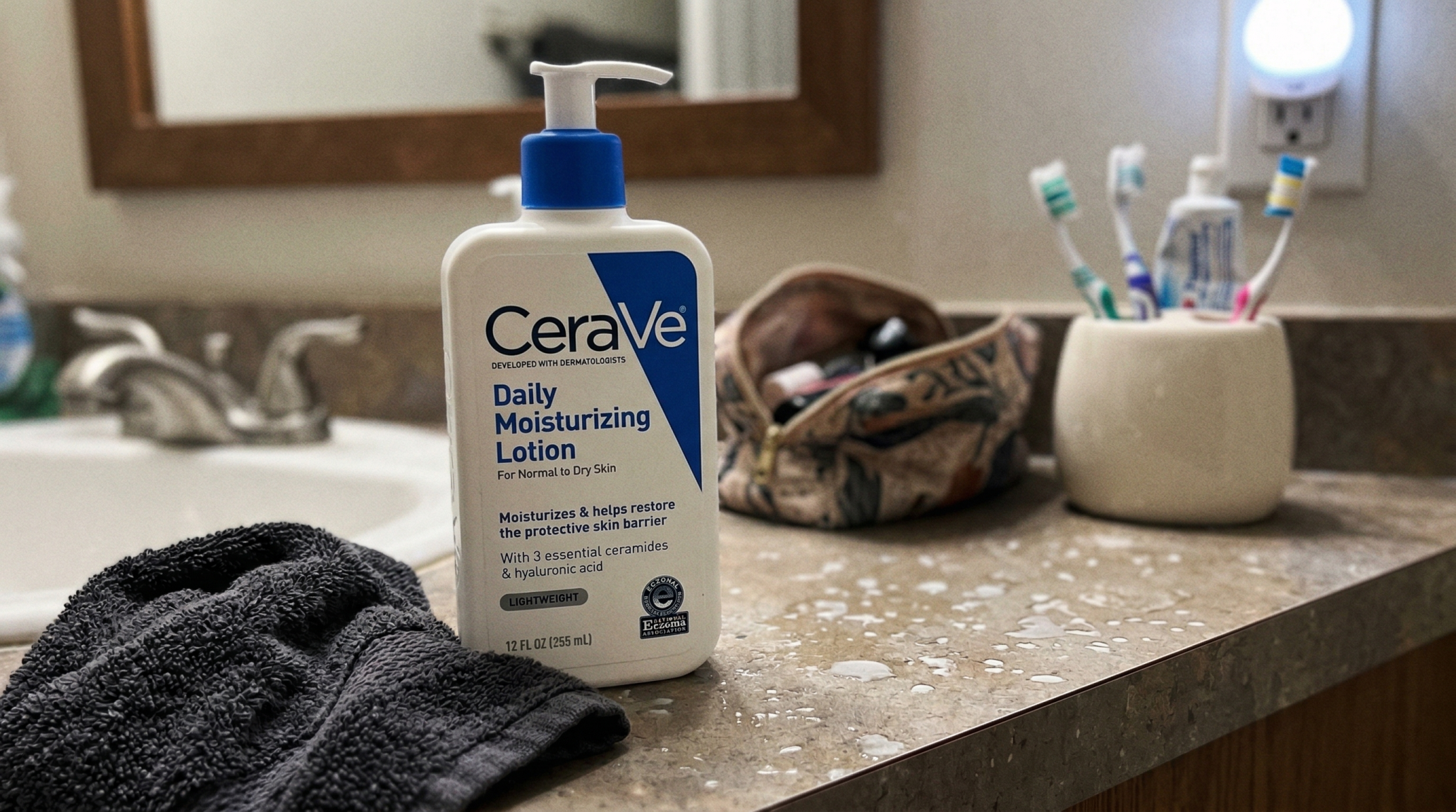 CeraVe moisturizing lotion on bathroom counter after spray tan