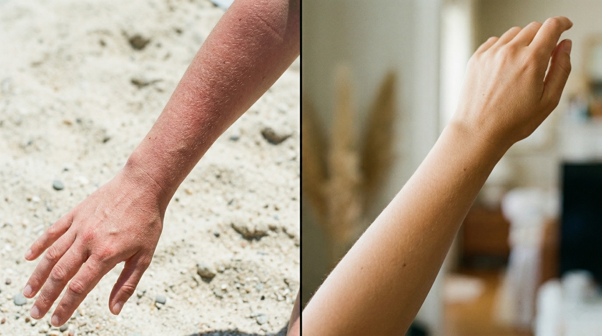 Before and after comparison of pink sun-flushed skin versus golden tan on forearm