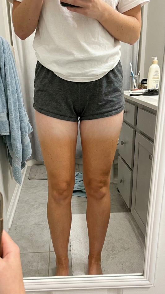 Legs showing early golden tan after three Maui Babe browning lotion sessions, slight unevenness near knees