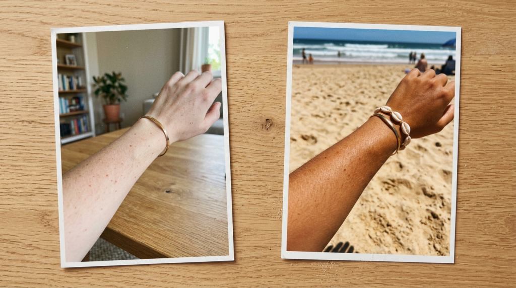 Before and after comparison of pale forearm versus golden-brown tan built with Maui Babe browning lotion over one month