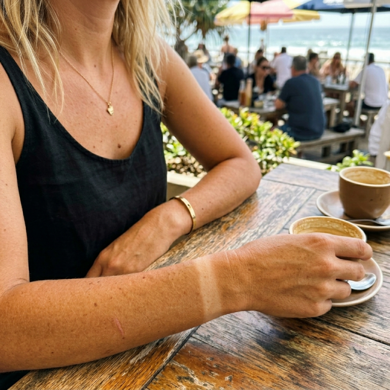 Arms and collarbone showing visible golden-brown tan after one week of using Maui Babe browning lotion
