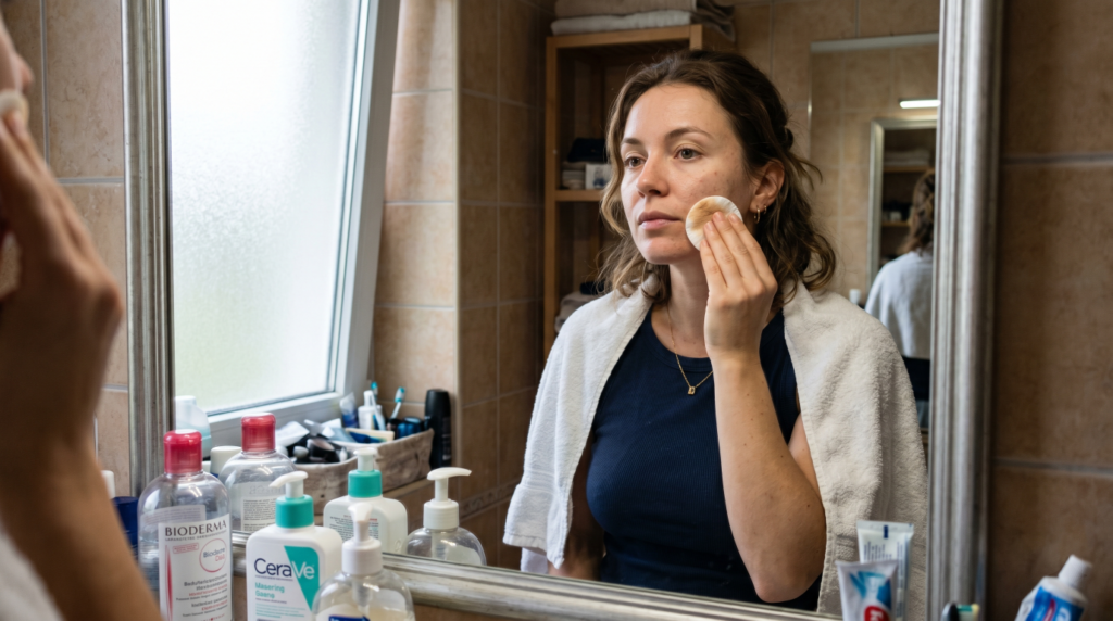 Woman removing foundation with micellar water wipe before a tanning bed session