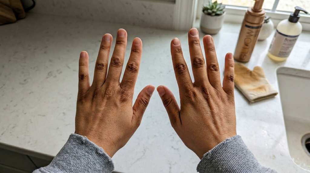 Self tanner buildup on knuckles and between fingers appearing darker than rest of hand