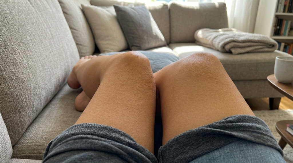 Self tanner more intense on knee cap than surrounding thigh and shin