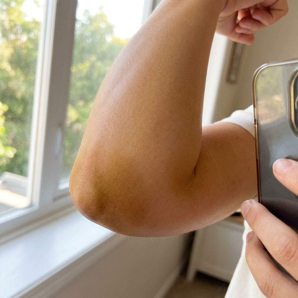Elbow showing deeper bronze self tanner tone compared to rest of forearm