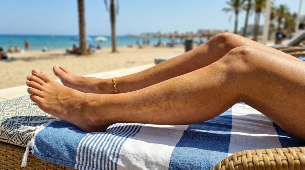 Shins showing patchy uneven self tanner fading a few days after application