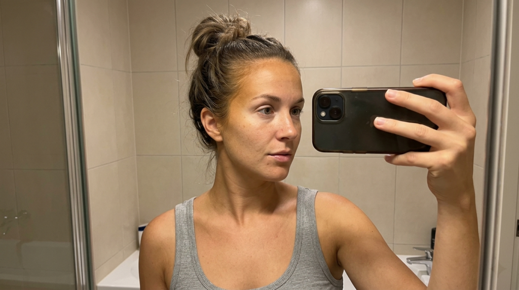 Self tanner slightly more intense along hairline than center of forehead