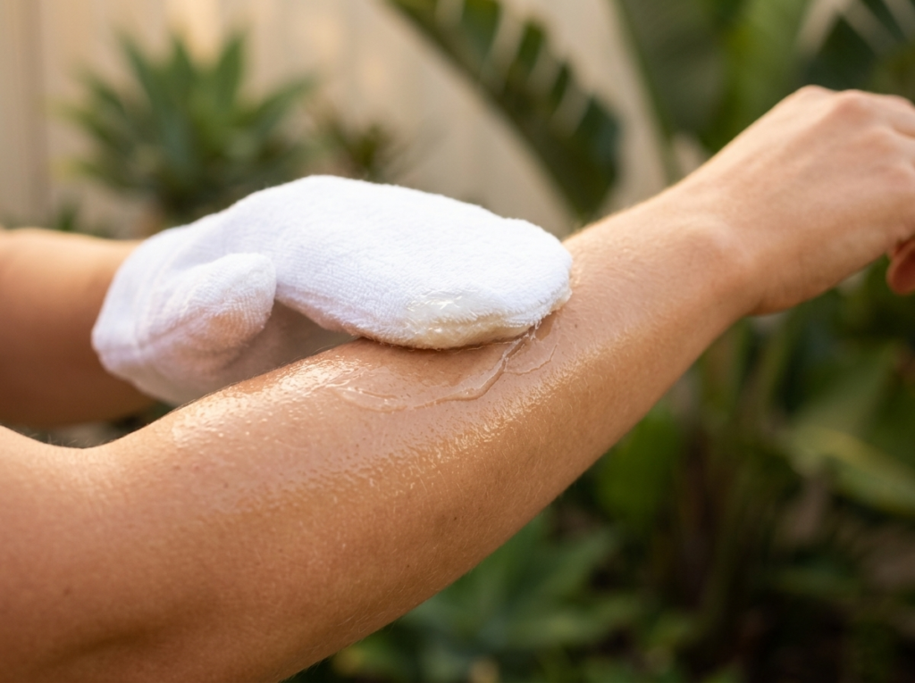 a woman using b.tan clear self tanning gel kit for a review