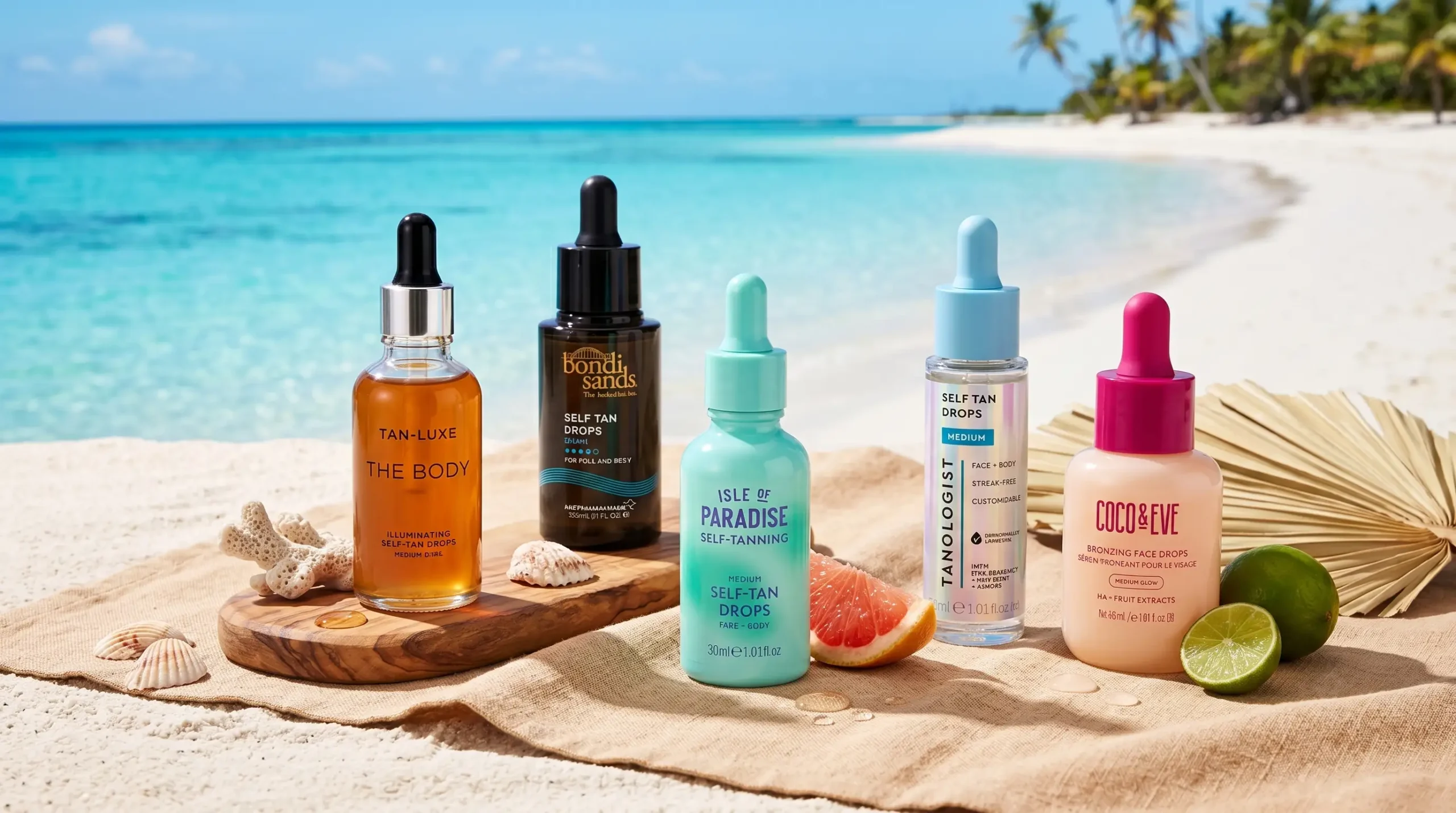 Best tanning drops in a bodegon of a paradise beach