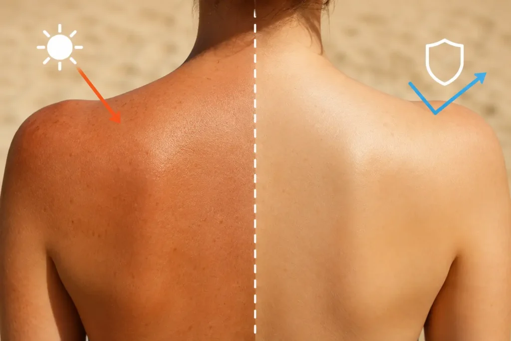 An split image showing the skin with sunscreen vs without