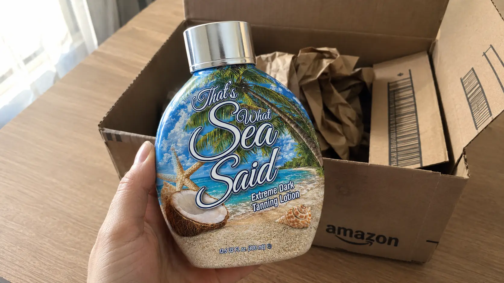 That's What Sea Said tanning lotion unboxed from Amazon packaging