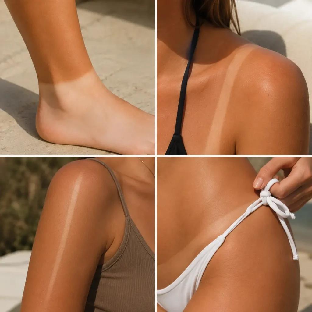 Four types of tan lines: sock, bikini strap, shoulder strap, and hat line on forehead