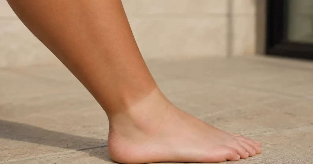 Sock tan line on leg showing the difference between tanned calf and lighter foot skin
