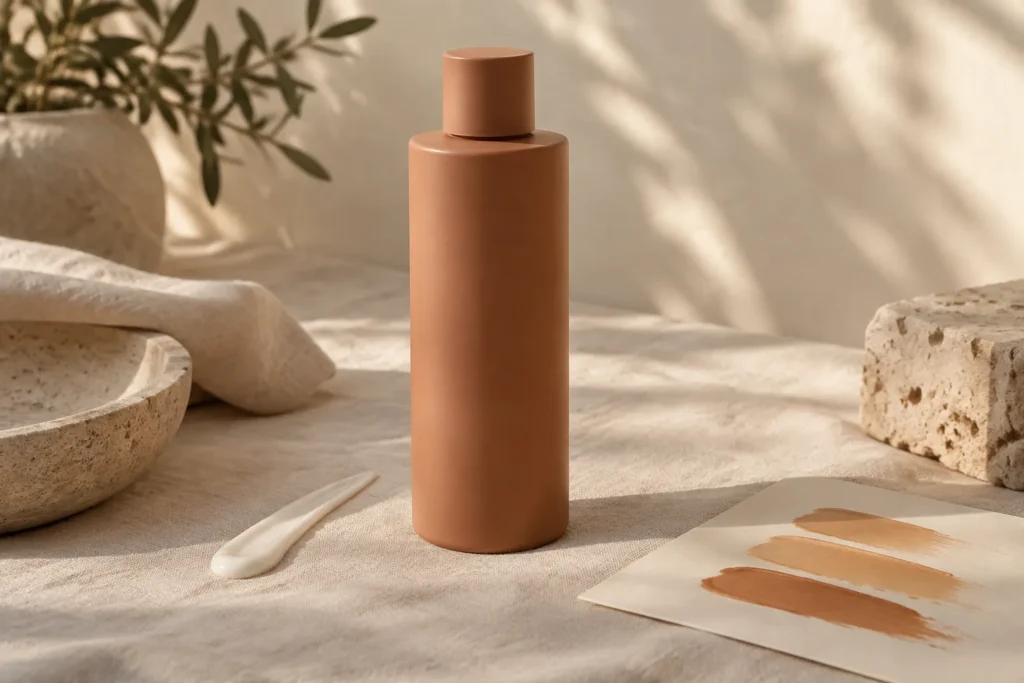 Unbranded milky body self-tanner bottle beside a lotion swatch and three tan shades