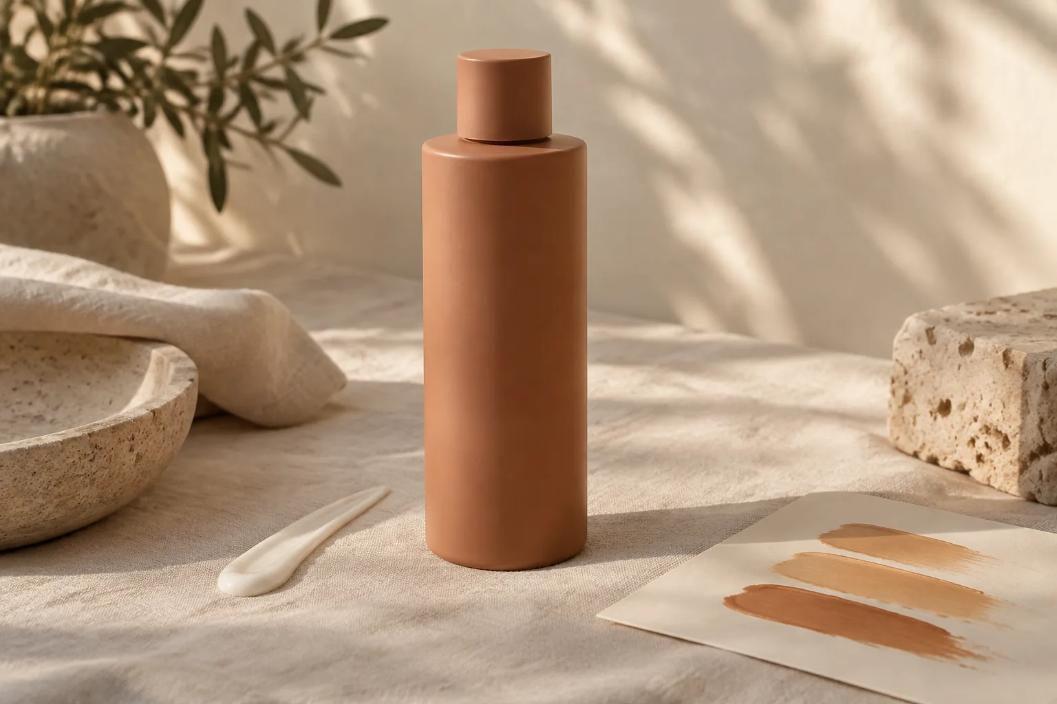Unbranded milky body self-tanner bottle beside a lotion swatch and three tan shades