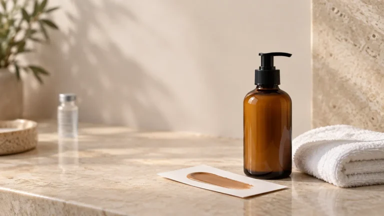 Amber self-tanning lotion, color swatch and towel, with an unfocused vial in the background