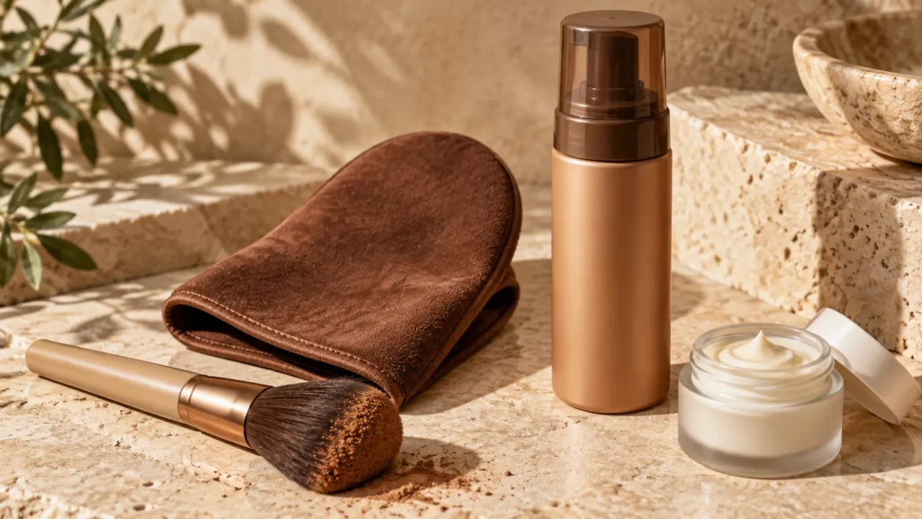Self-tanning mitt, blending brush and moisturizer on a warm stone surface