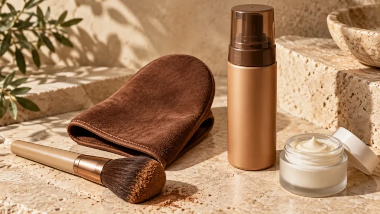 Self-tanning mitt, blending brush and moisturizer on a warm stone surface