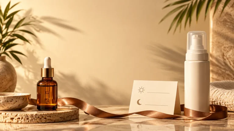 Amber retinol serum and self-tanner bottle beside a day-and-night routine card