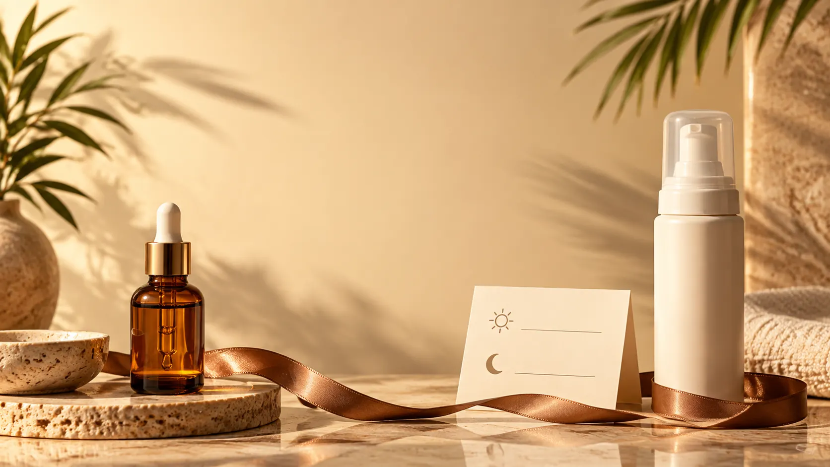 Amber retinol serum and self-tanner bottle beside a day-and-night routine card