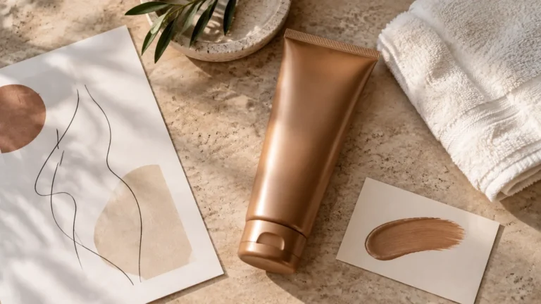 Self-tanning lotion with a line-art design and tan swatch on paper
