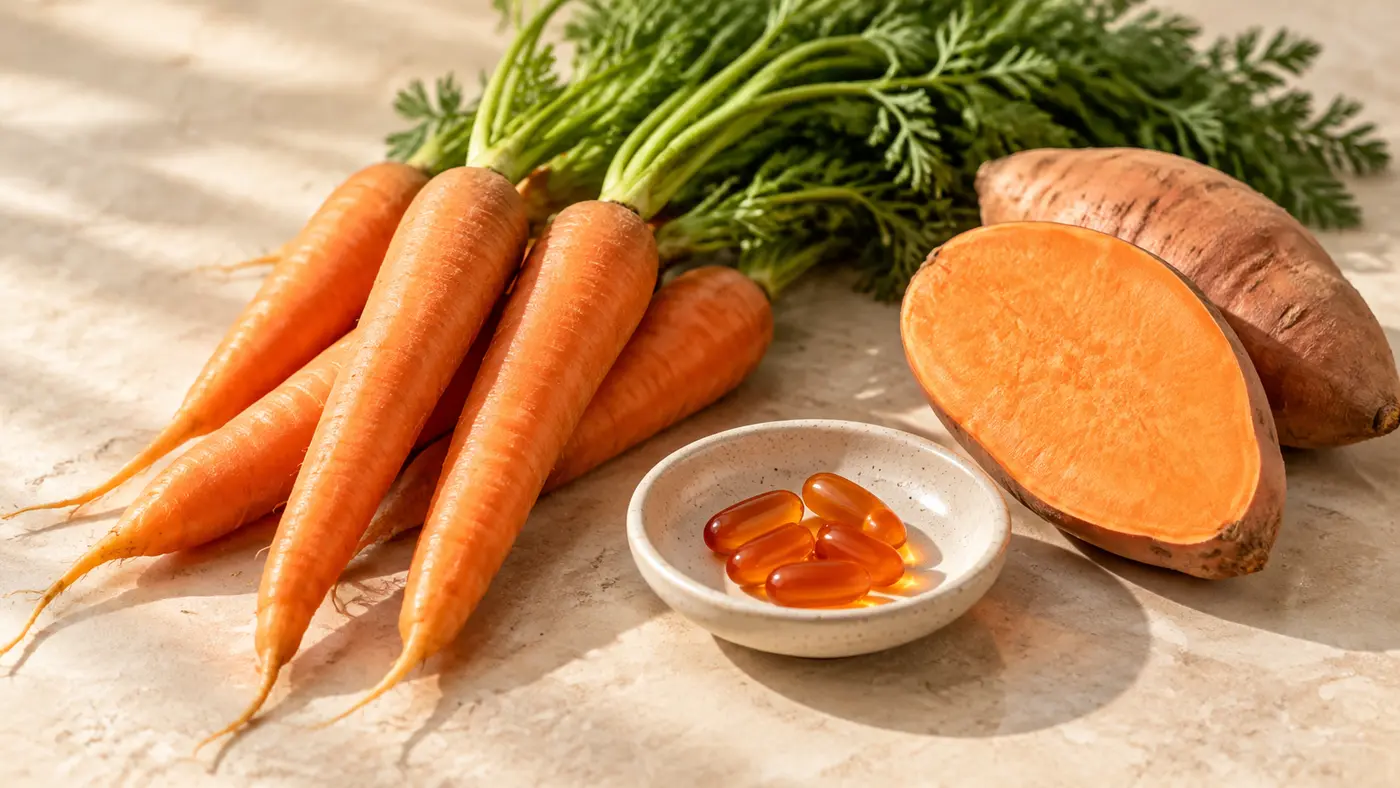 Carrots, a halved sweet potato and orange beta-carotene capsules in a small ceramic dish on a stone surface