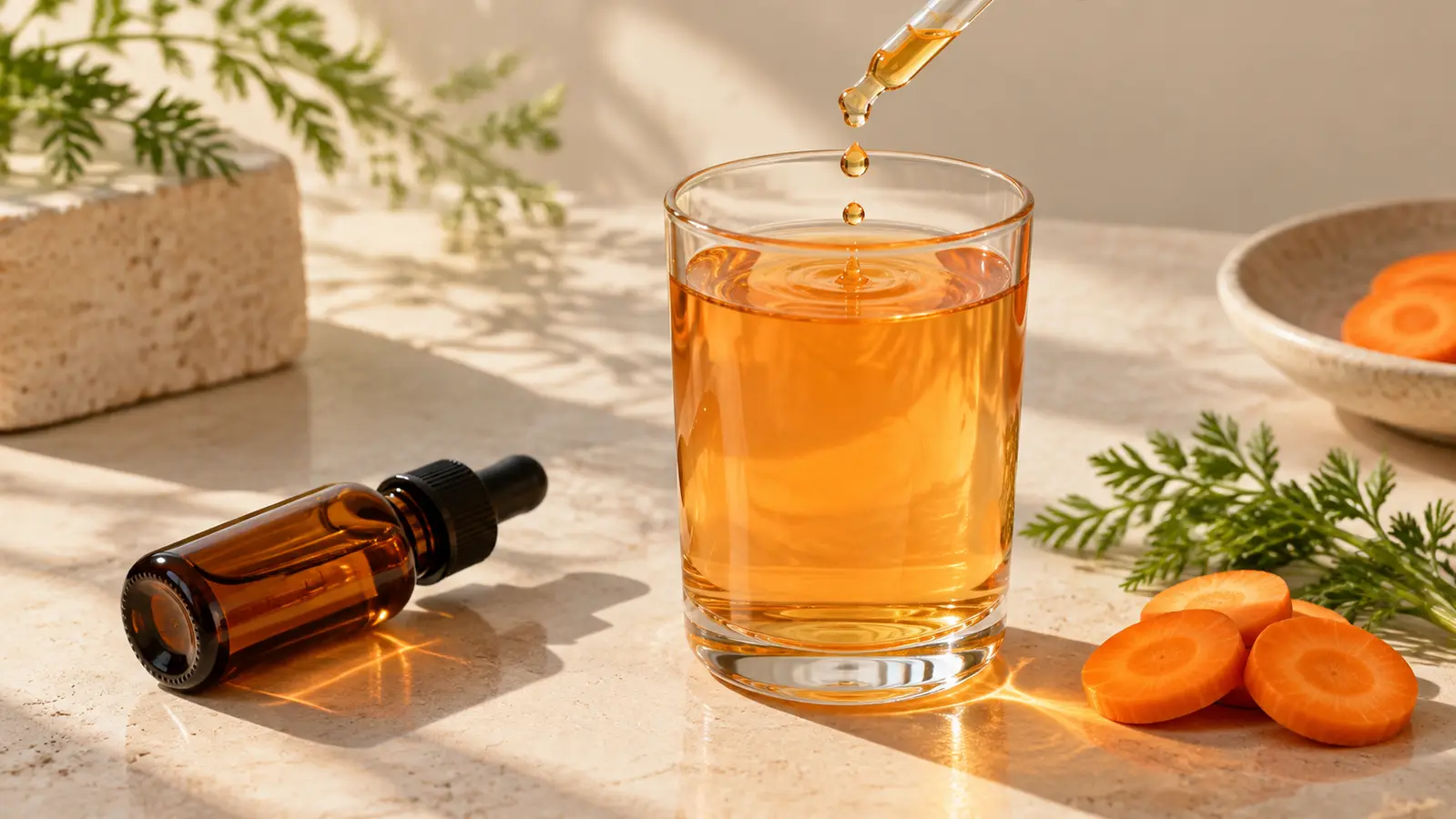 Amber tanning drops falling from a dropper into a glass of water beside a dropper bottle, carrot slices and greenery on a stone surface