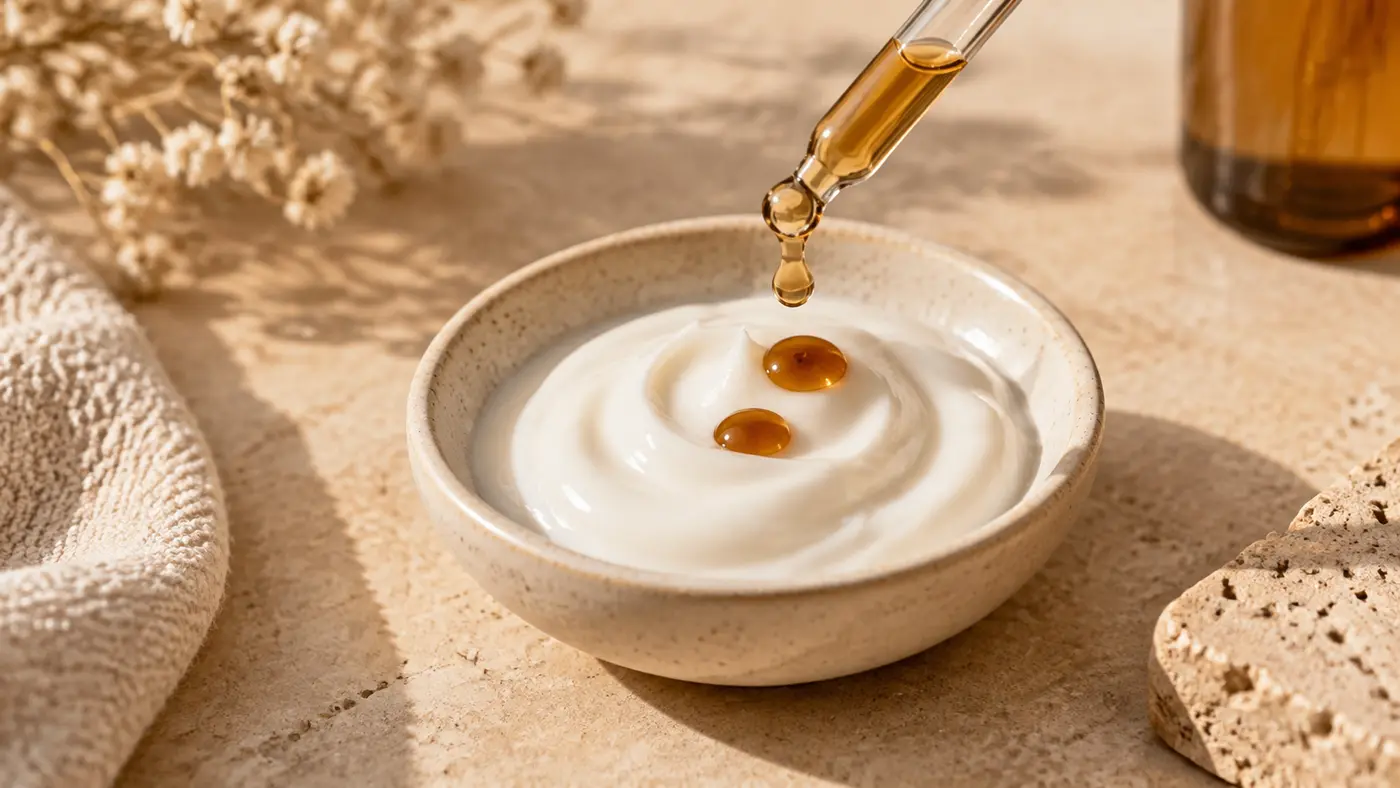 Amber self-tanning drops falling from a glass dropper into a swirl of white moisturizer in a ceramic dish