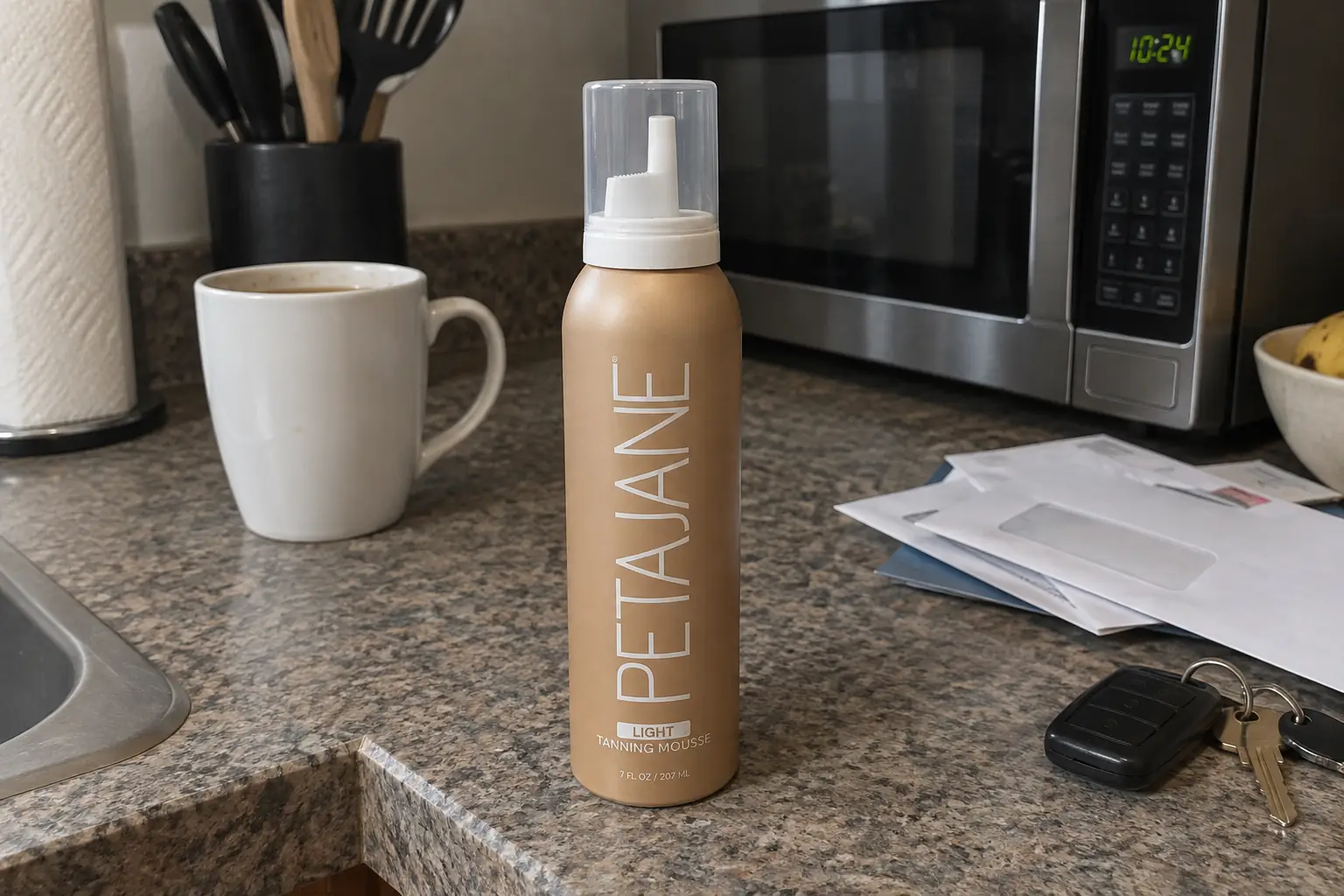 Peta Jane Light Tanning Mousse bottle on a cluttered kitchen counter near a microwave