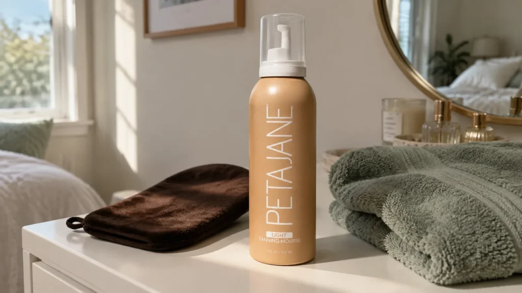 Peta Jane Light Tanning Mousse bottle on a bedroom dresser with a brown tanning mitt and a folded sage towel