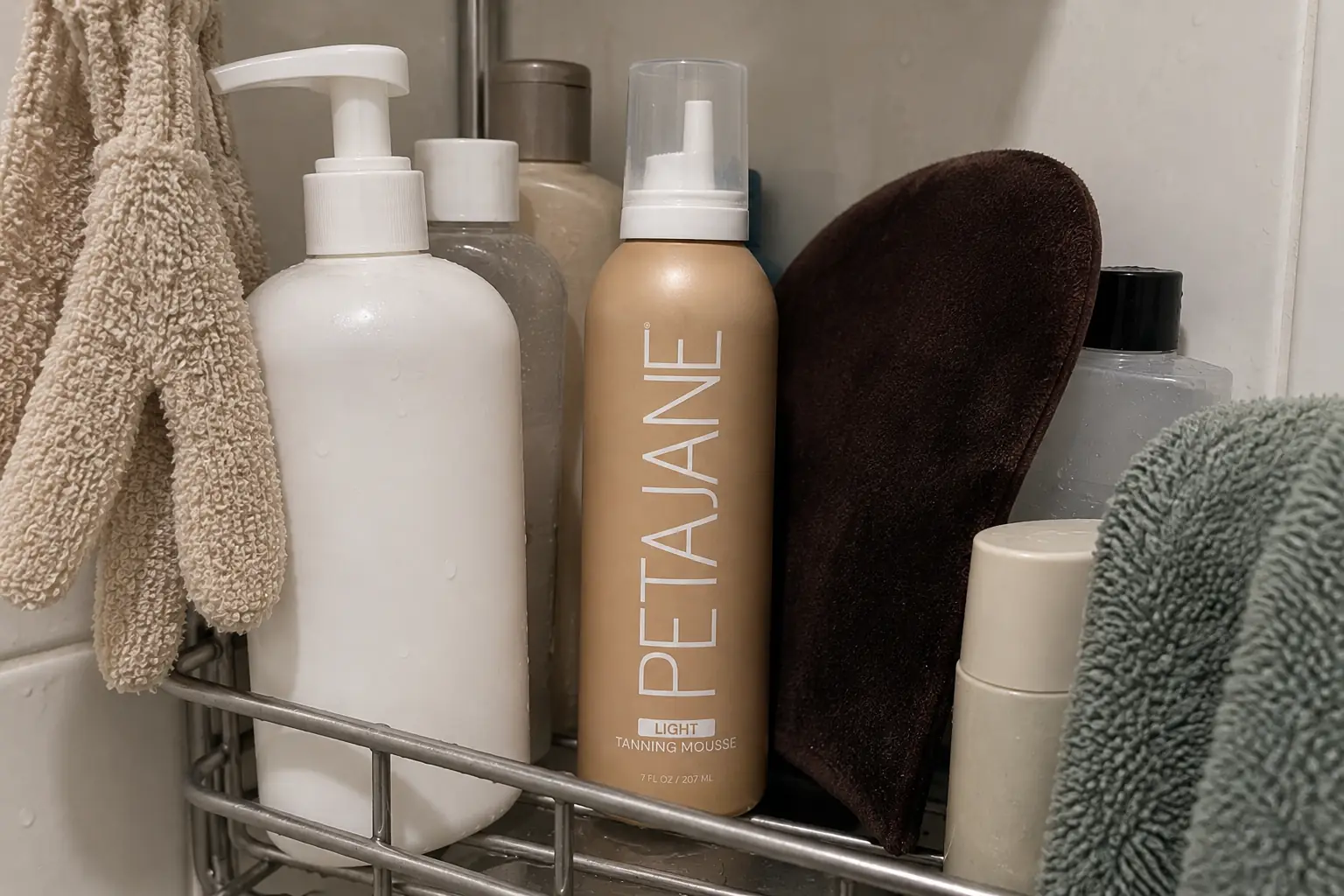 Self-tan prep items next to a Peta Jane Light Tanning Mousse bottle on a shower shelf
